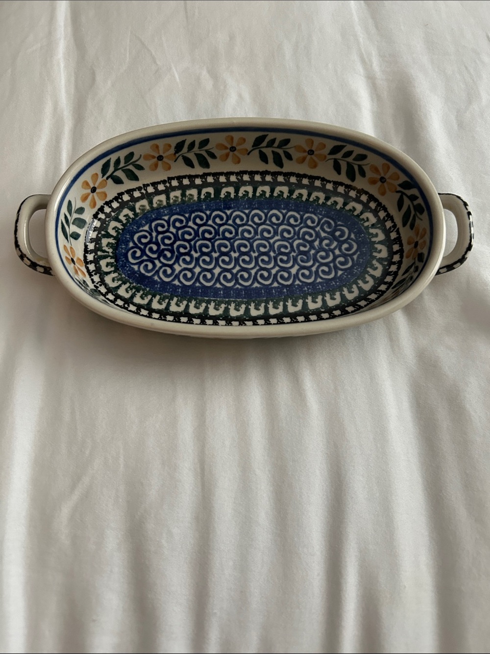 Polish Pottery Hand-Painted Oval Serving Dish in Blue and Yellow